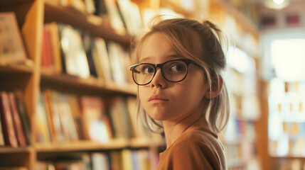 Menina com óculos observa curiosamente com olhar atento