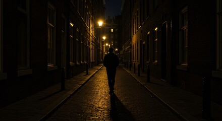 Silhouette of a Man Walking Alone at Night on a Dark City Street