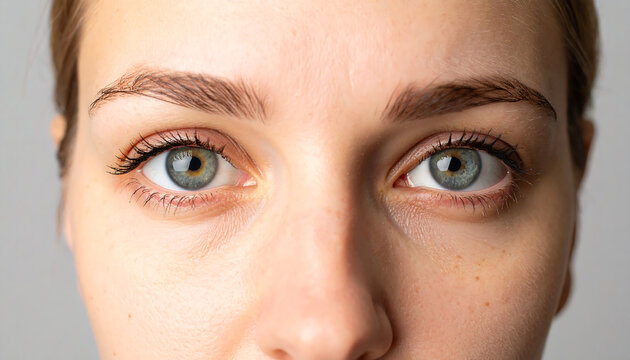 Close up portrait of young woman showcasing her striking blue green eyes and natural beauty, highlighting her clear skin