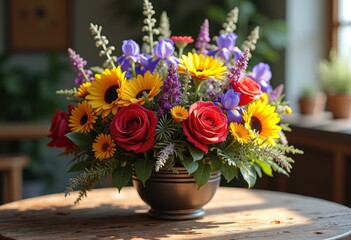Fototapeta premium vibrant flower bouquet rustic wood table natural beauty colors floral arrangement, vase, greenery, blossom, pink, yellow, red, orange, blue, purple, nature