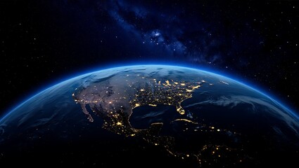 Fototapeta premium Stunning High-Resolution View of Planet Earth from Space at Night, Showcasing the City Lights of North and Central America and the Milky Way in the Background