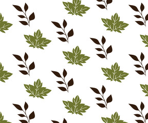 Fototapeta premium Autumnal Leaf Motif: An elegant and simple seamless pattern of stylized brown twigs and green leaves, invoking a sense of seasonal transition and natural beauty.