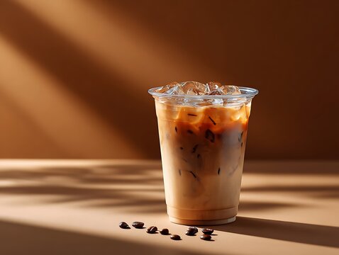 Plastic cup of cold coffee Blank take away kraft cofee on white background realistic mock up beaverage di cut template block with blank space Iced fresh aroma latte with cream milk in ice cube
