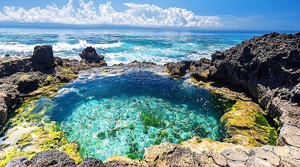 Crystal-clear turquoise pool nestled within volcanic rock formations, crashing waves at ocean's edge