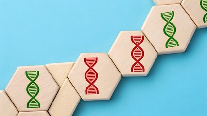 Genetic System Pattern – Linear Sequence of Red and Green DNA Helix Icons on Wooden Hexagonal Tiles Against Blue Background, Variation, Structure, Abstract, Symbolic, Biology