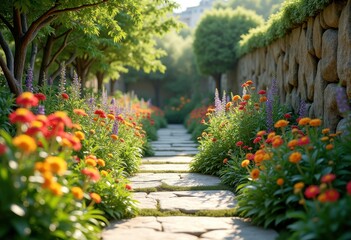 Obraz premium vibrant urban garden natural stone pathways lush flora colorful blooms outdoor serenity green space, blooming, plant, landscape, vegetation, oasis
