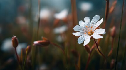 Close up of delicate little white flower in bloom on soft natural background