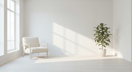Fototapeta premium Minimalist interior design with armchair and plant in white room for home decor ideas design