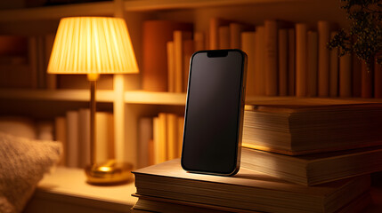 Modern Mobile Phone Mockup on Books in a Cozy Reading Nook