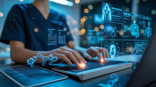 A medical professional uses a laptop with advanced holographic displays showing patient data and anatomical models, symbolizing innovation in healthcare and scientific research