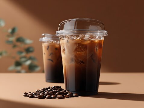 Plastic cup of cold coffee Blank take away kraft cofee on white background realistic mock up beaverage di cut template block with blank space Iced fresh aroma latte with cream milk in ice cube