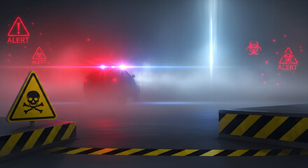Emergency alert danger scene with police lights and warning signs in foggy environment