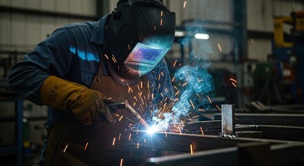 Professional welder at work welding steel with safety gear and bright sparks in industrial setting