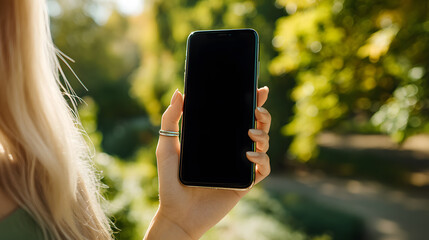 Female Hand Holding Modern Smartphone with Blank Screen Outdoors in Natural Light