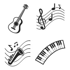 Collection of musical instruments and symbols including guitar treble clef trumpet and piano keys on a white background