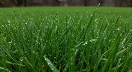 Dew-Covered Grass: Lush Green Lawn with Water Droplets