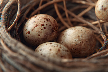 Obraz premium Discover the Beauty of Nature: A Serene Bird Nest Cradling Precious Eggs - A Glimpse into the Fascinating World of Avian Life and its Delicate Beginnings