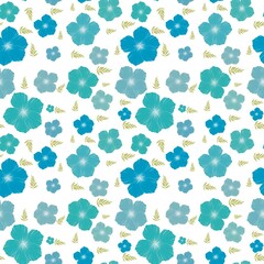 Blue Floral Seamless Pattern Tropical Hibiscus Style on White Background