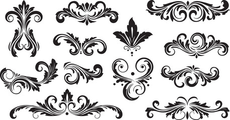 Collection of Black Decorative Flourishes and Swirls on White Background scroll ornate