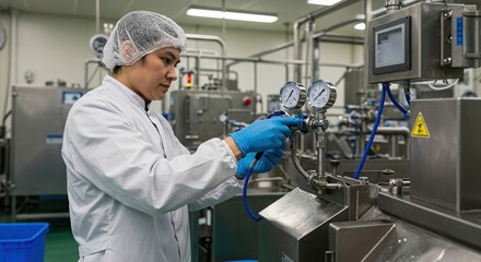 Pharmaceutical manufacturing process worker inspecting equipment in clean room setting area facility