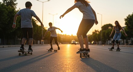 Obraz premium Skateboarding friends enjoying sunset ride on city street for active lifestyle and outdoor recreation fun time