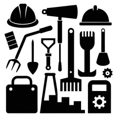 Collection of black silhouette icons representing construction and industrial tools including hard hats shovels rakes and a factory building