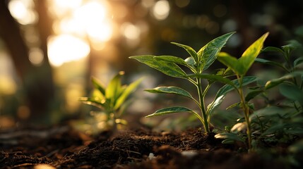 Closeup of green seedlings in warm sunlight symbolizing nature growth and care