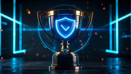 A gold trophy with a glowing blue shield and checkmark sits on a dark, futuristic background