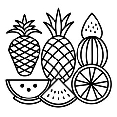 Stylized black and white line art illustration of a variety of fresh fruits including pineapples watermelon slices and an orange slice