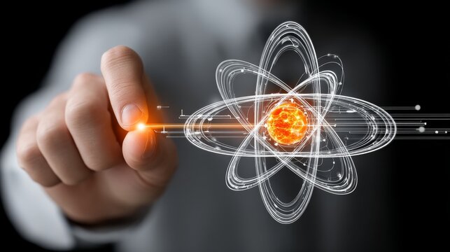 A human hand interacts with a glowing holographic atom model featuring an orange core and white electron rings against a