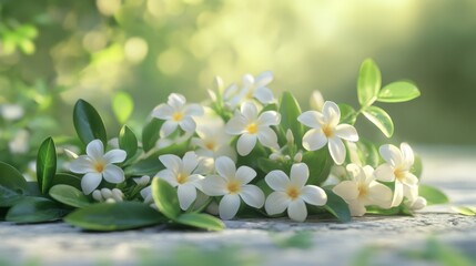 54.A beautiful, hyper-realistic bunch of Indian jasmine flowers lying on the ground, surrounded by light green foliage, with the soft, muted green background adding to the peaceful ambiance.