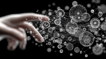 A human hand reaches towards interconnected dotted spheres representing network connections, social media,