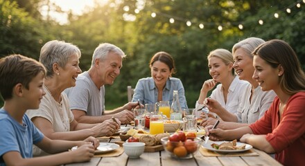 Family gathering enjoying outdoor meal together at picnic table in backyard under string lights