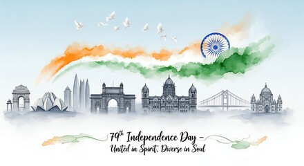 Happy Independence Day 2025, August 15th marks 79th Independence Day for India, Minimalistic banner/poster with tri color and Independence day themed elements for social media and wishes