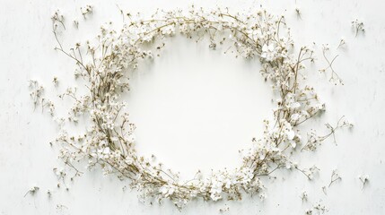 Obraz premium 65.A beautifully illustrated watercolor wreath with jasmine flowers, surrounded by small white gypsophila blooms, forming a round botanical frame on a white background, perfect for wedding cards or