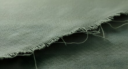 High-resolution macro shot of green woven fabric with frayed edge and loose threads — ideal for textile design, garment mockups, or fabric texture references