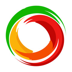 Abstract swirling circular design with vibrant green red and orange brush strokes representing energy and movement