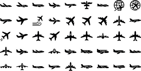 Airplane icon set vector, black aircraft silhouettes,  flight symbols,black aircraft silhouettes, travel aviation design elements, flight symbols, jet plane illustrations for web, print