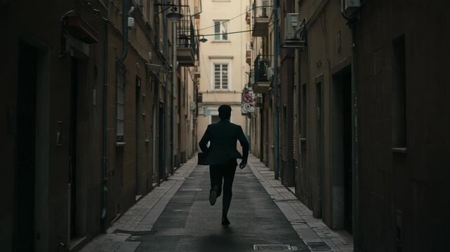 A man in a suit running down a narrow, dark city alleyway, conveying a sense of urgency, escape, or a dramatic cinematic moment