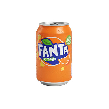 chilled orange fanta can beverage product isolated photo on white

