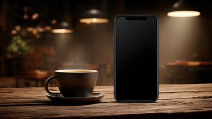 Modern Smartphone Mockup on a Rustic Table with a Steaming Cup of Coffee