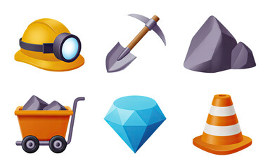 Discover treasures with this mining gear collection featuring a helmet, pickaxe, rocks, cart, diamond, and cone.