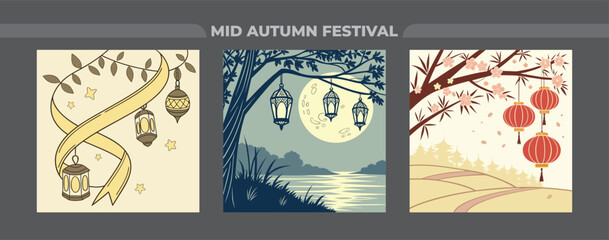 Celebrate the Mid Autumn Festival with lanterns and moonlight scenes, perfect for posters, cards, and festive decorations for your holiday marketing
