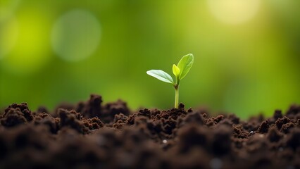 New sprout emerging from rich soil under soft sunlight in a nurturing environment