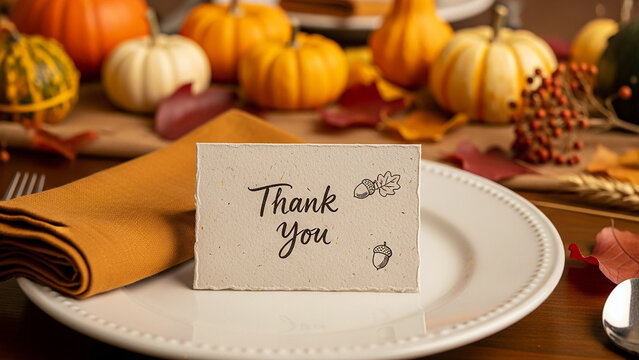 Thanksgiving table setting with pumpkins and thank you card for holiday celebration decor