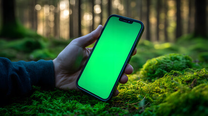 Mobile Phone Mockup with Green Screen Held by Hand in Vibrant Mossy Forest