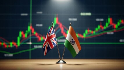 United Kingdom and India partnership concept. Two flags on a table with a blurred stock exchange graph representing global trade and finance.