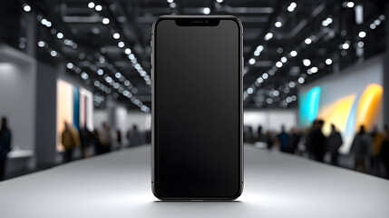 Minimalist Black Smartphone Mockup with Blurred Tech Event Background