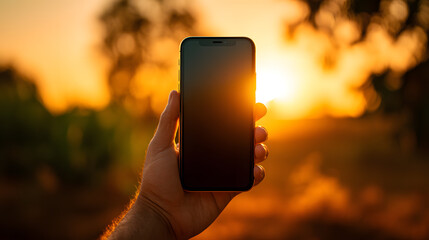 Hand Holding Sleek Smartphone with Blank Screen at Golden Hour Sunset