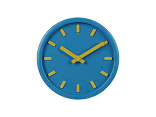 Modern blue clock with yellow hands displays precise time, perfect for business and design concepts.